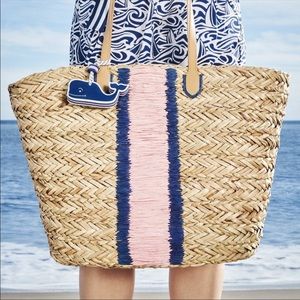 Vineyard Vines Tan Tote with Pink and Navy Stripes